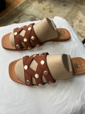 Vince Camuto Cognac Leather Studded Slide Sandals